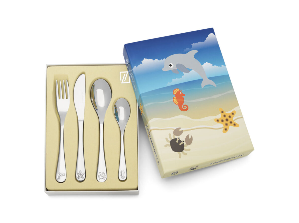 Комплект стоманени детски прибори за хранене ZILVERSTAD Морски живот - 4 части