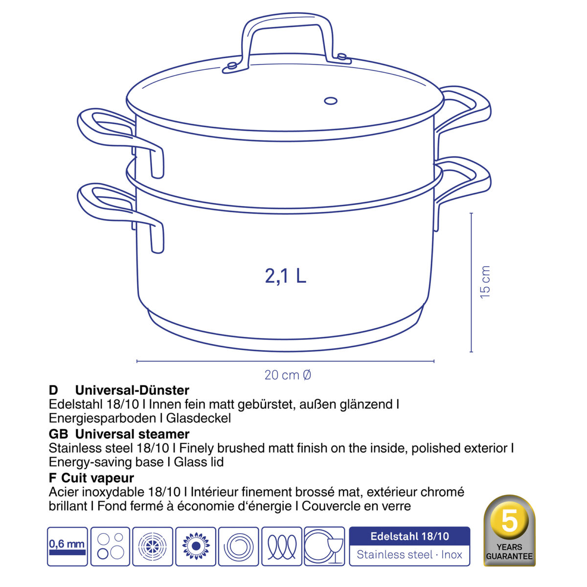 Тенджера с приставка за готвене на пара и капак KELA Flavoria - Ø 20 см, 2,4 л