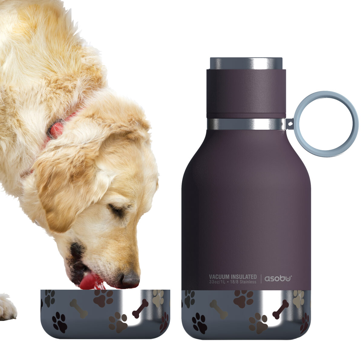 Термобутилка с купичка за куче ASOBU DOG BOWL - 1000 мл, цвят бургунди