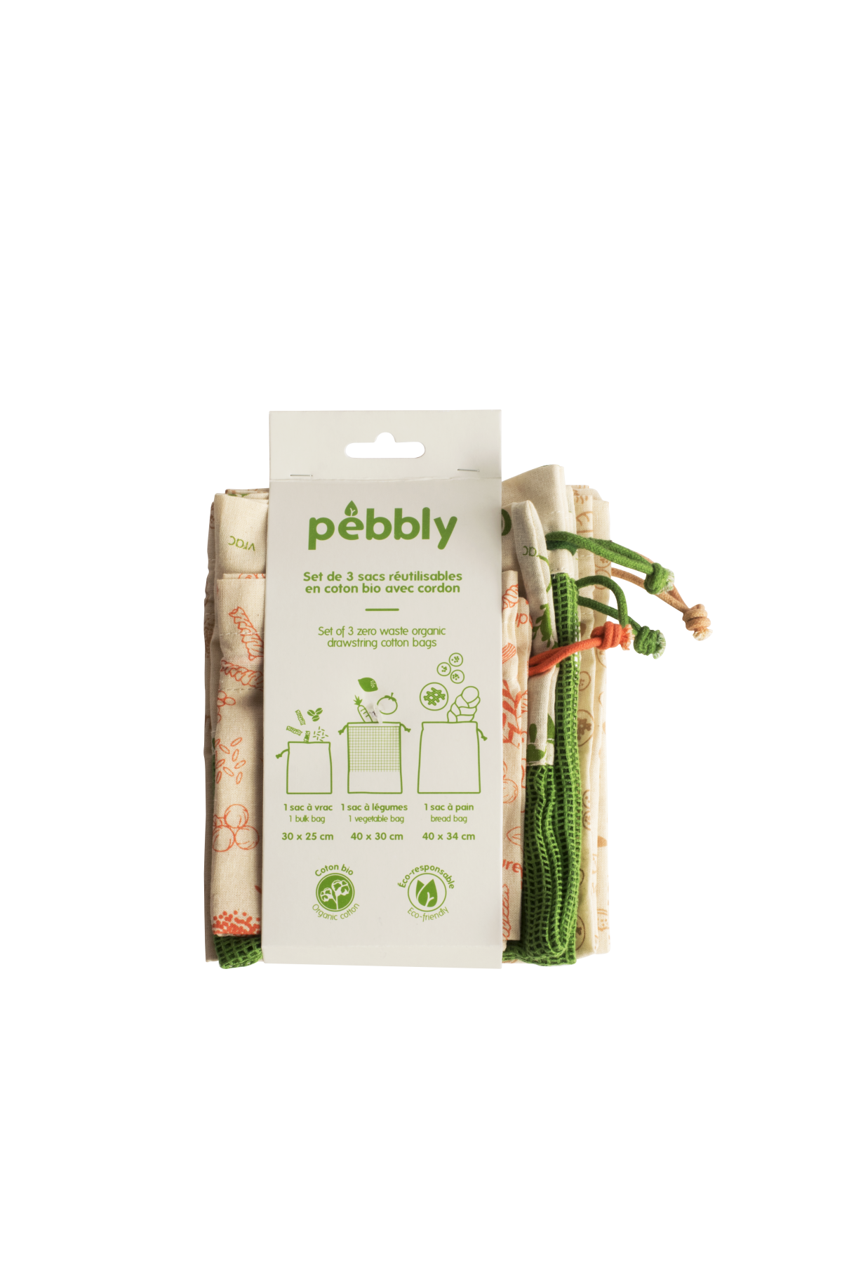 PEBBLY Комплект от 3 бр многократни памучни торбички за пазаруване