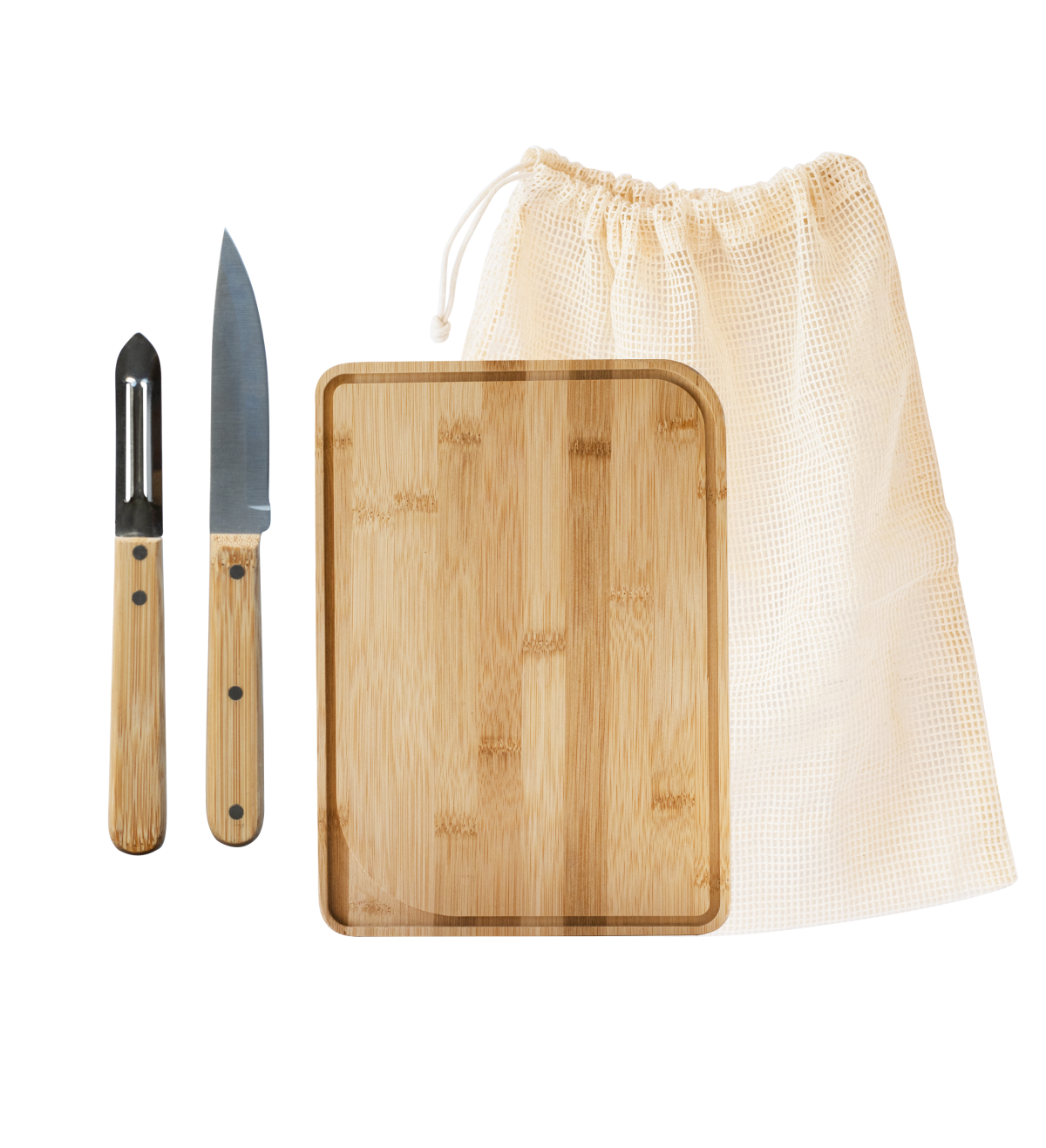 PEBBLY Комплект за готвачи - дъска, нож, белачка и торбичка за зеленчуци