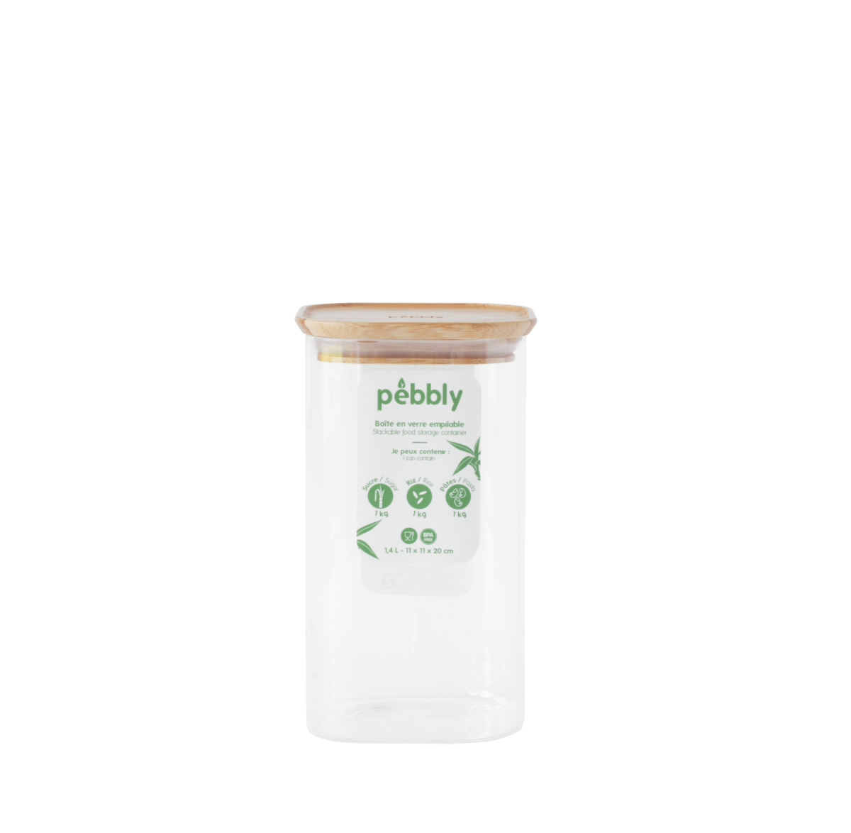 PEBBLY Квадратен стъклен канистер за съхранение с бамбуков капак - 1,4 л.